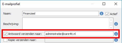 Antwoordadres instellen bij e-mailaccount in module Administratie