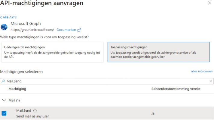 Microsoft Azure-portaal: Machtiging toevoegen voor app-registratie