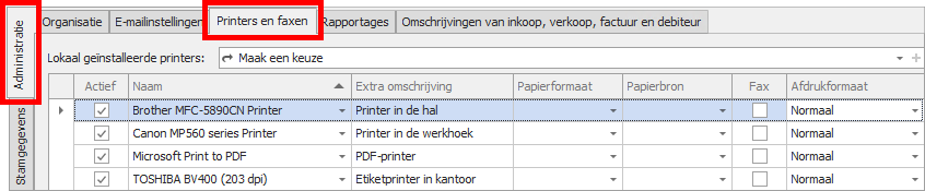 Printers beheren in module Administratie