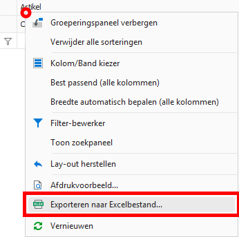 Rechtermuisklik op een kolomnaam met optie Exporteren naar Excelbestand