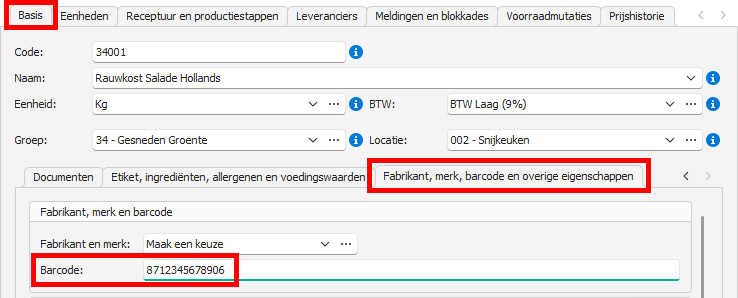 Barcode invullen op tabblad Fabrikant, merk, barcode en overige eigenschappen