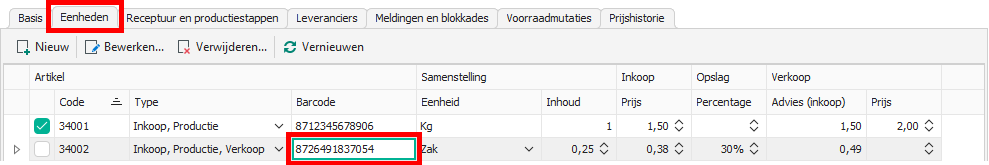 Barcode invullen op tabblad Eenheden van een artikel