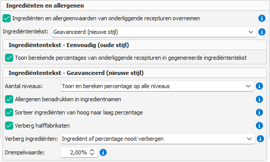 Algemene instellingen voor de ingrediëntentekst-generator