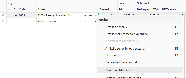 Optie Etiketten afdrukken… bij een regel