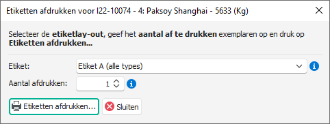 Afdrukvenster met keuze voor etiketlay-out en aantal etiketten