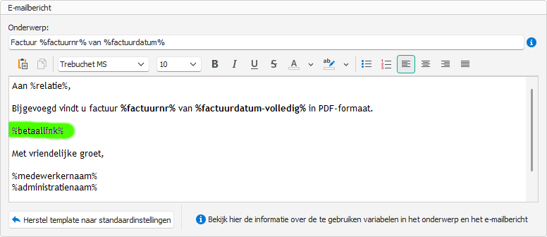 E-mailtemplate met de variabele %BETAALLINK%