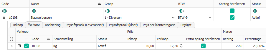 De kolom Extra opslag berekenen op het tabblad Verkoop van een artikel in de module Prijs