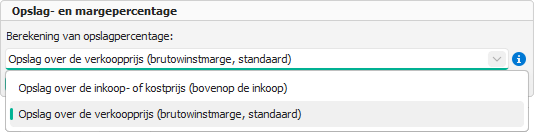 De instelling Berekening van opslagpercentage met de keuze tussen over de inkoop- of kostprijs en over de verkoopprijs