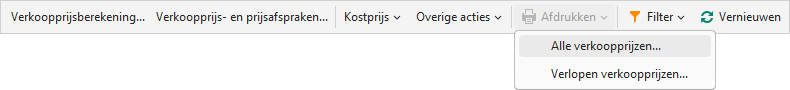 Menu Afdrukken met de optie Alle verkoopprijzen in de module Prijs