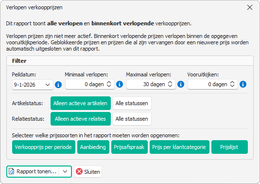 Dialoogvenster Verlopen verkoopprijzen