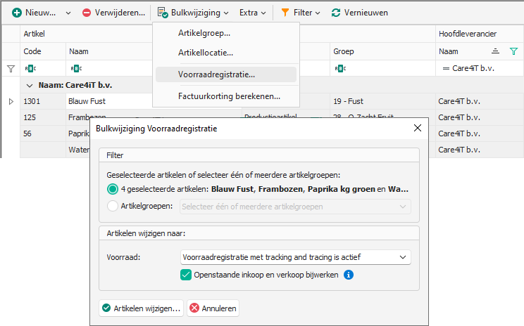 Bulkwijziging van artikelen in de module Artikel