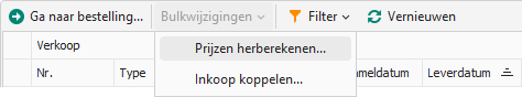 Menu Bulkwijzigingen met de optie Prijzen herberekenen in het Snel bewerken-scherm