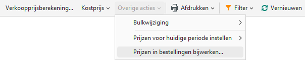 Menu Overige acties met de optie Prijzen in bestellingen bijwerken in de module Prijs