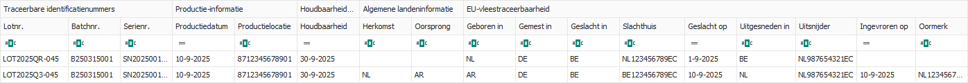 Voorraadoverzicht met kolommen voor traceerbaarheidskenmerken (zoals lot- en batchnummer, productiedatum, herkomst en EU-vleestraceerbaarheid)