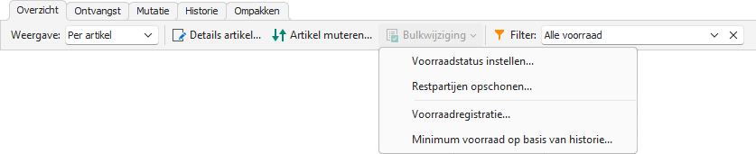 Bewerkingen vanuit het voorraadoverzicht