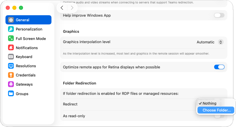 Folder Redirection instellen in de Windows App