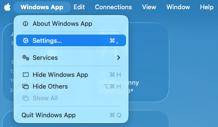 De instellingen openen in de Windows App