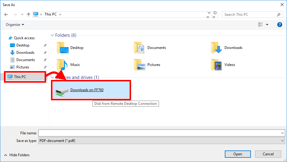 De eigen schijf onder This PC in het venster Save As