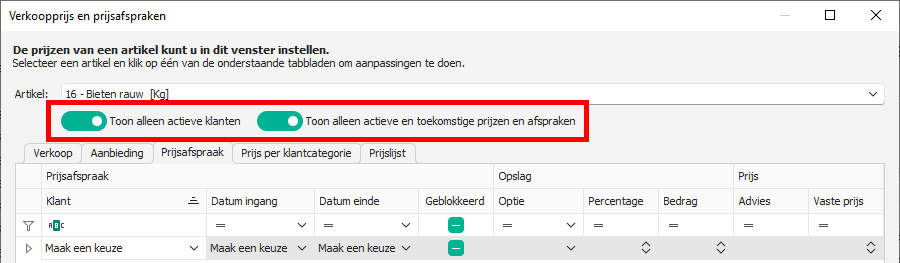 Verkoopprijsvenster uitgebreid met filter voor tonen van actieve prijzen