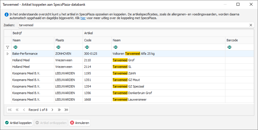 Artikel zoeken in databank van SpecsPlaza