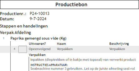 Productiebon met afdeling, stappen en handelingen