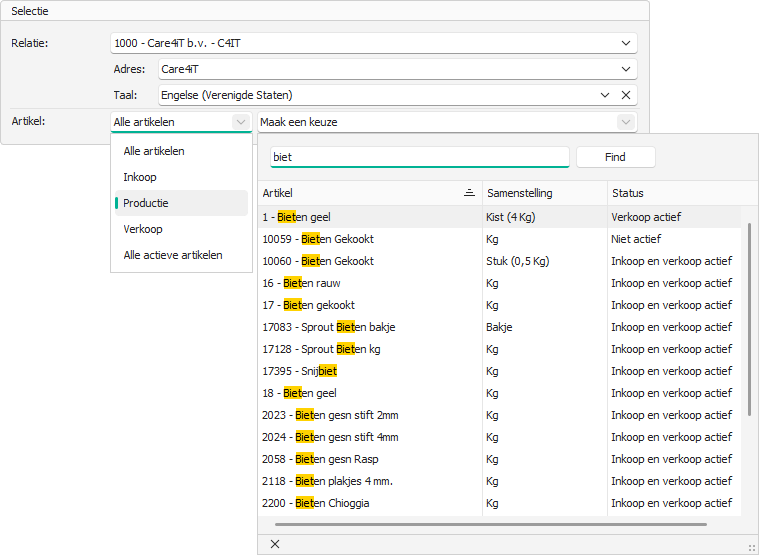 Etiket in verschillende talen afdrukken en selectie filteren op artikeltype
