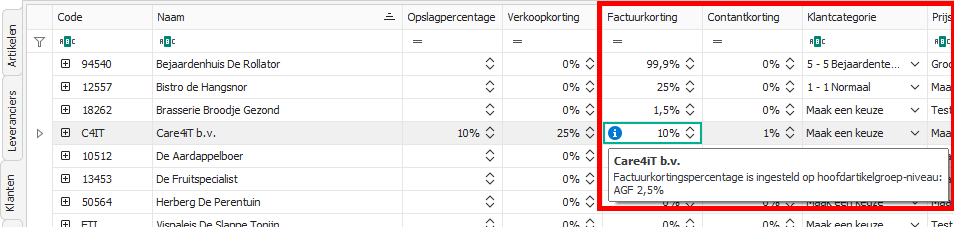 Factuur- en contantkortingspercentage in klanten-tabblad