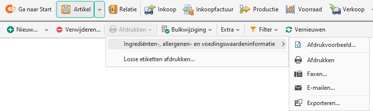 Rapport Ingrediënten-, allergenen- en voedingswaardeninformatie in menu Afdrukken