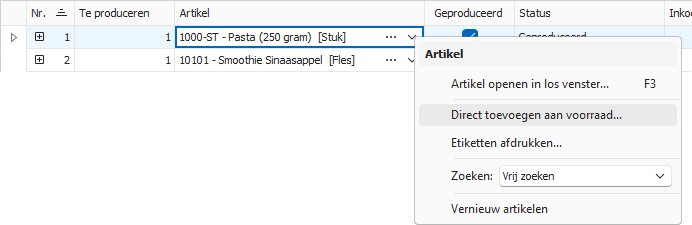 Productieregel via snelmenu direct aan voorraad toevoegen