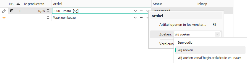 Vrije zoekfunctie voor selecteren van artikel in productieregel aanpassen via snelmenu