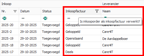 Inkoopscherm met kolom of inkooporder is gefactureerd