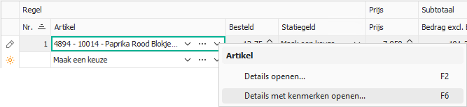 Kenmerken bij inkoopregel instellen via snelmenu
