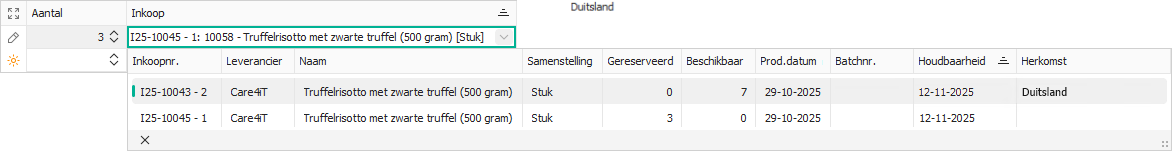 Partijkeuze-editor met kenmerken van inkoopregel