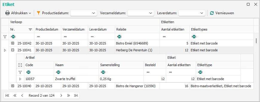 Etiketpaneel in module Verkoop