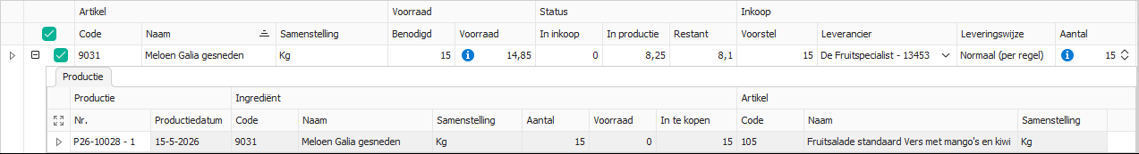 Inkoopadvies met een aparte inkoopregel per productieregel
