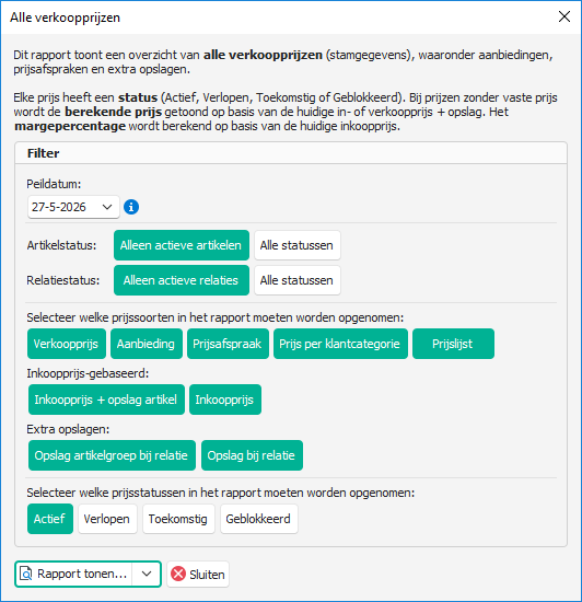 Dialoogvenster voor het verkoopprijzenoverzicht