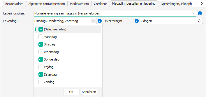 Leverdagen en levertermijn bij een leverancier instellen