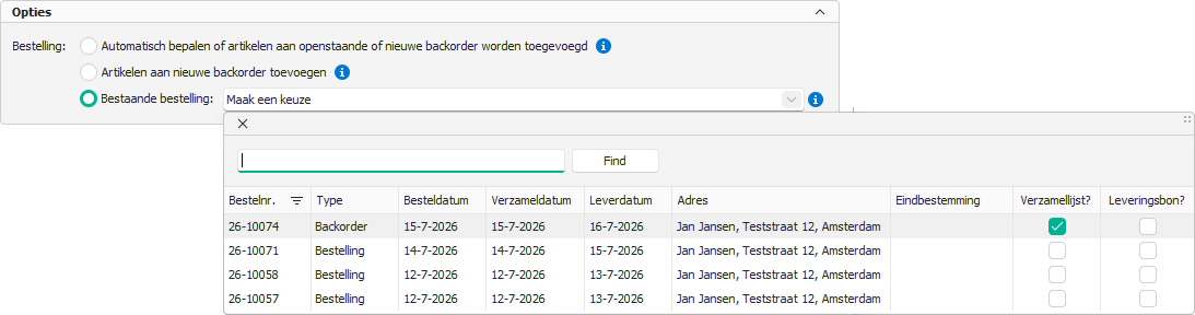 Kiezen aan welke bestelling de artikelen in backorder worden toegevoegd