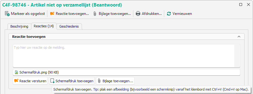 Een reactie met een schermafdruk toevoegen in de melding zelf