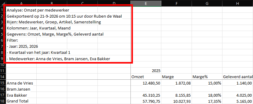 Een geëxporteerde analyse in Excel, met bovenaan de analyse, de indeling en de filters