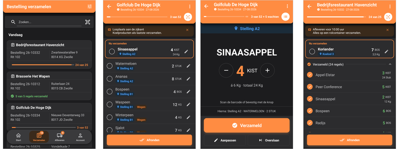 Verzamelen met de mobiele app: het overzicht, de regels op looproute, stap voor stap verzamelen en de verzamelde regels