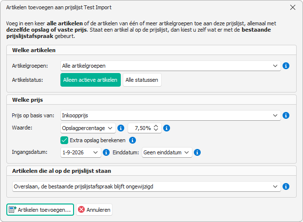 Artikelen in één keer toevoegen aan een prijslijst