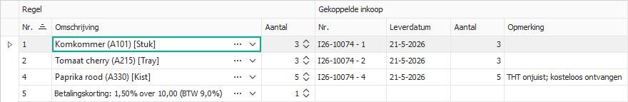 De inkoopfactuurregels met de opmerking van de gekoppelde inkoopregel