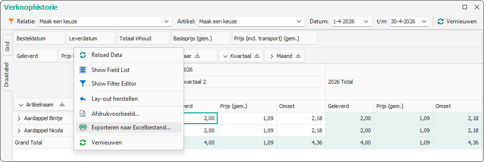 De draaitabel in de verkoophistorie afdrukken of naar Excel exporteren