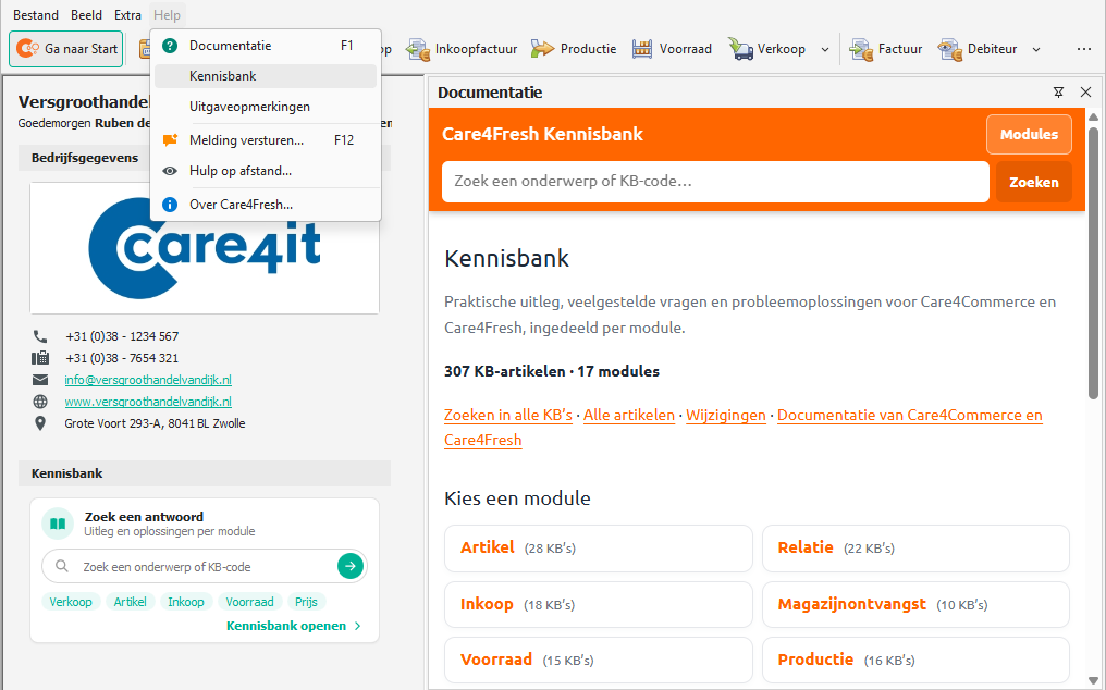 De kennisbank op de startpagina en in het Help-menu