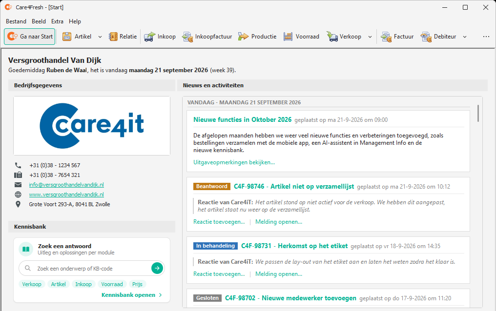 De vernieuwde startpagina met de bedrijfsgegevens en Nieuws en activiteiten