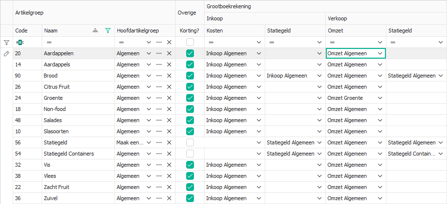 Hoofdgrootboekrekeningen per artikelgroep instellen