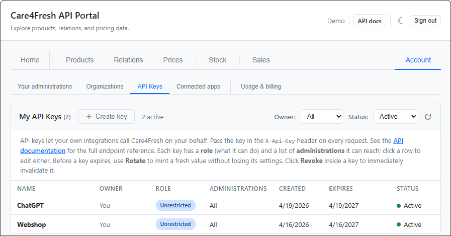 Care4Fresh API Portal