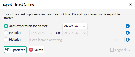 Exportvenster van Exact Online met de exportopties