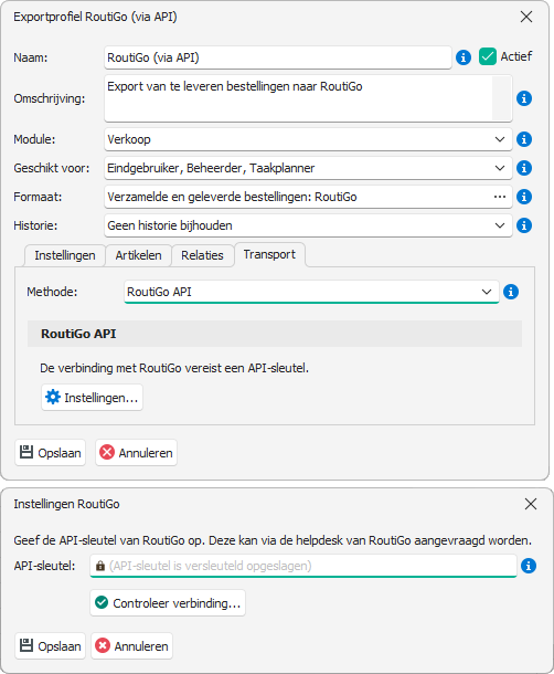 RoutiGo API-sleutel in de transportinstellingen van het exportprofiel
